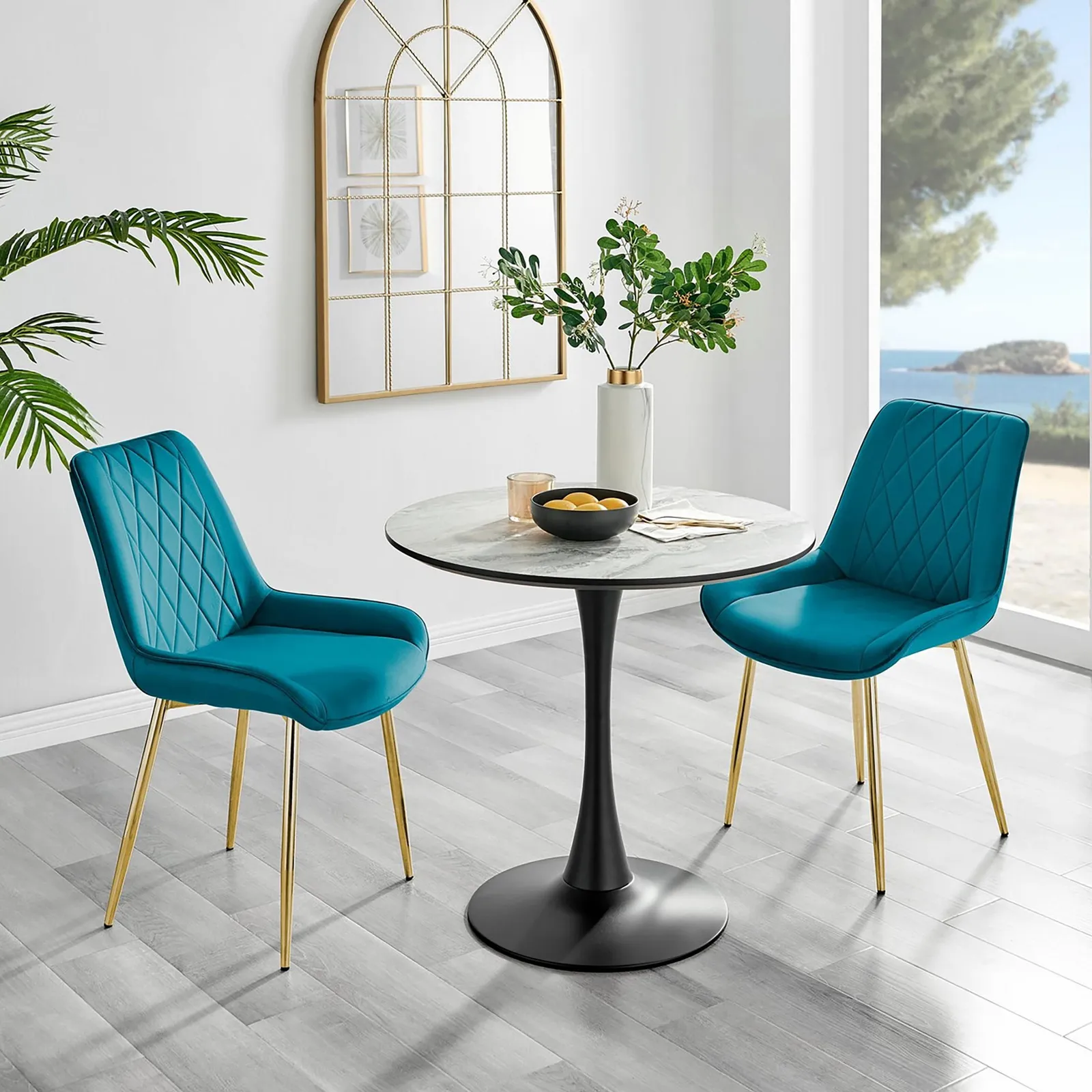 FurnitureboxUK Elina White Marble Effect Scratch Resistant Dining Table & 2 Pesaro Gold Leg Velvet Chairs in Blue