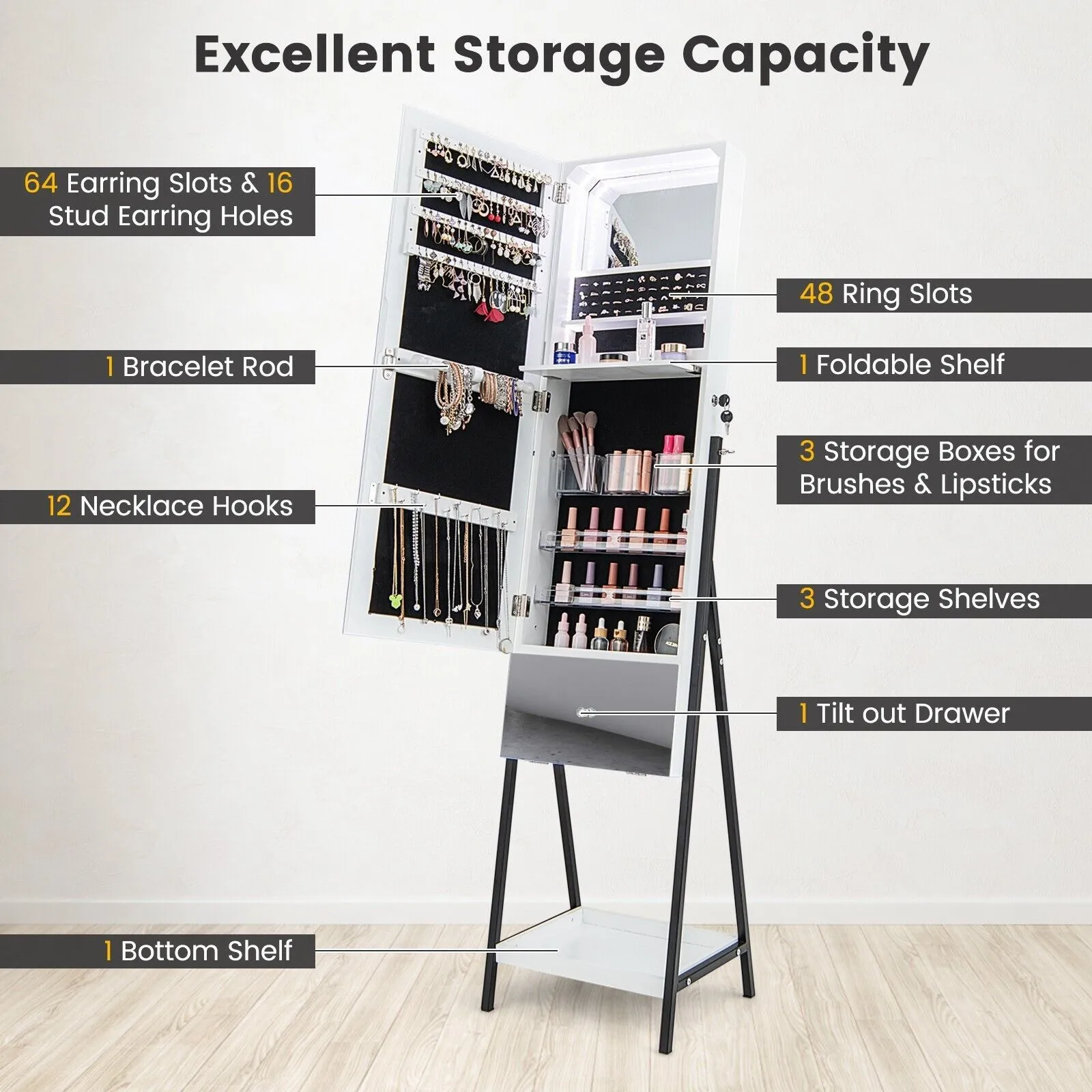 Costway Jewelry Cabinet Armoire w/ Full-Length Frameless Mirror & Built-in Makeup Mirror in White 5