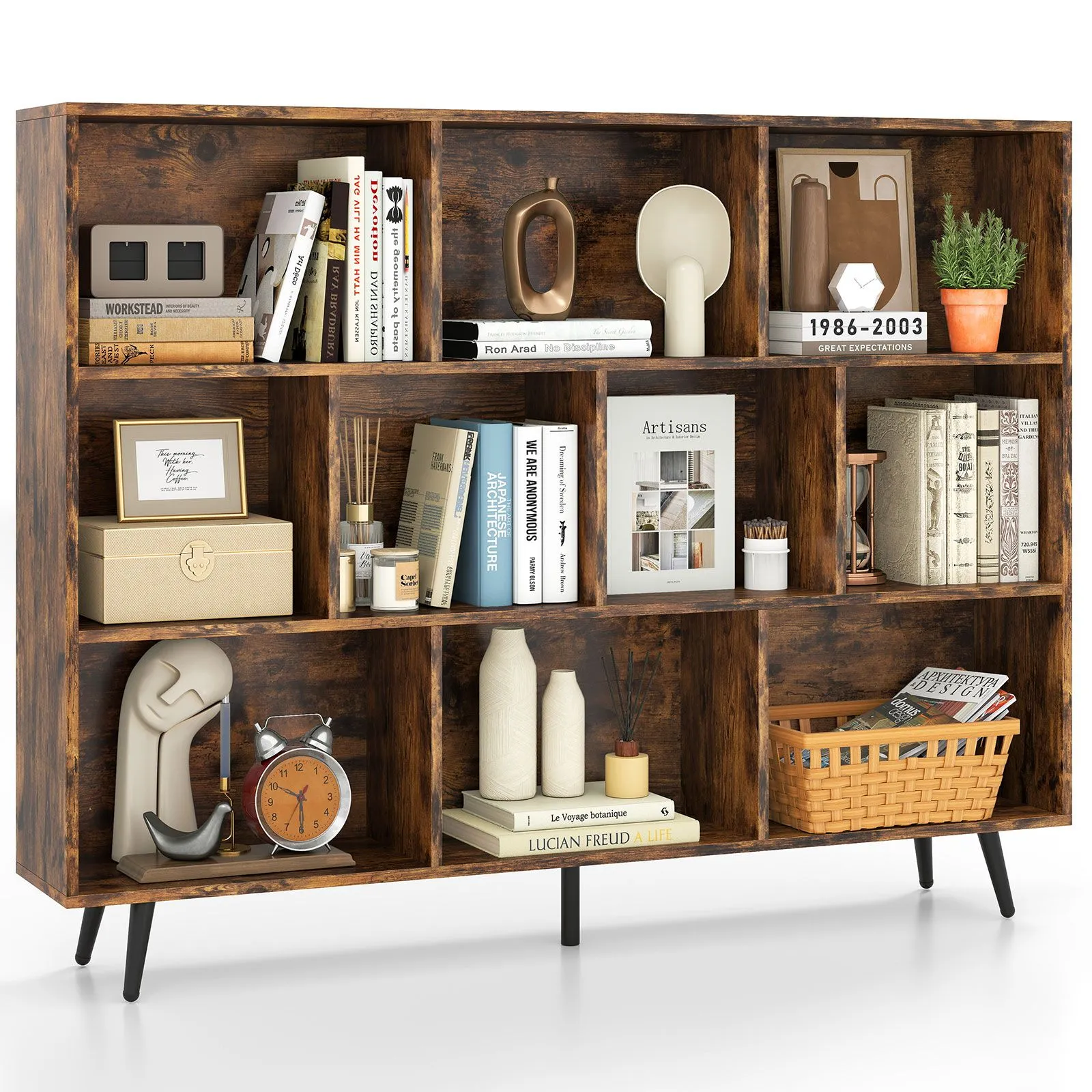 Costway 10-Cube Bookcase 140 CM Mid Century Modern Storage Organizer in Brown
