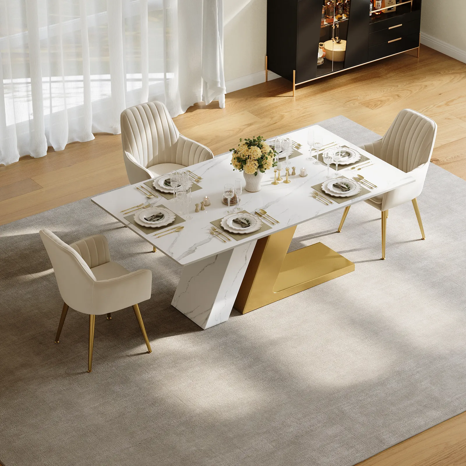 Luxotic Modern 160 cm White Dining Table for 6 Rectangle Sintered Stone & Stainless Steel