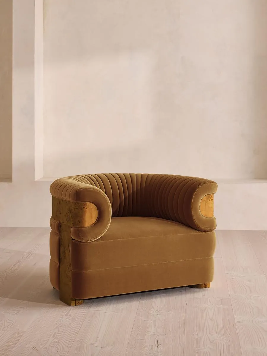 Caleb Armchair, Dark Burl, Velvet, Mustard