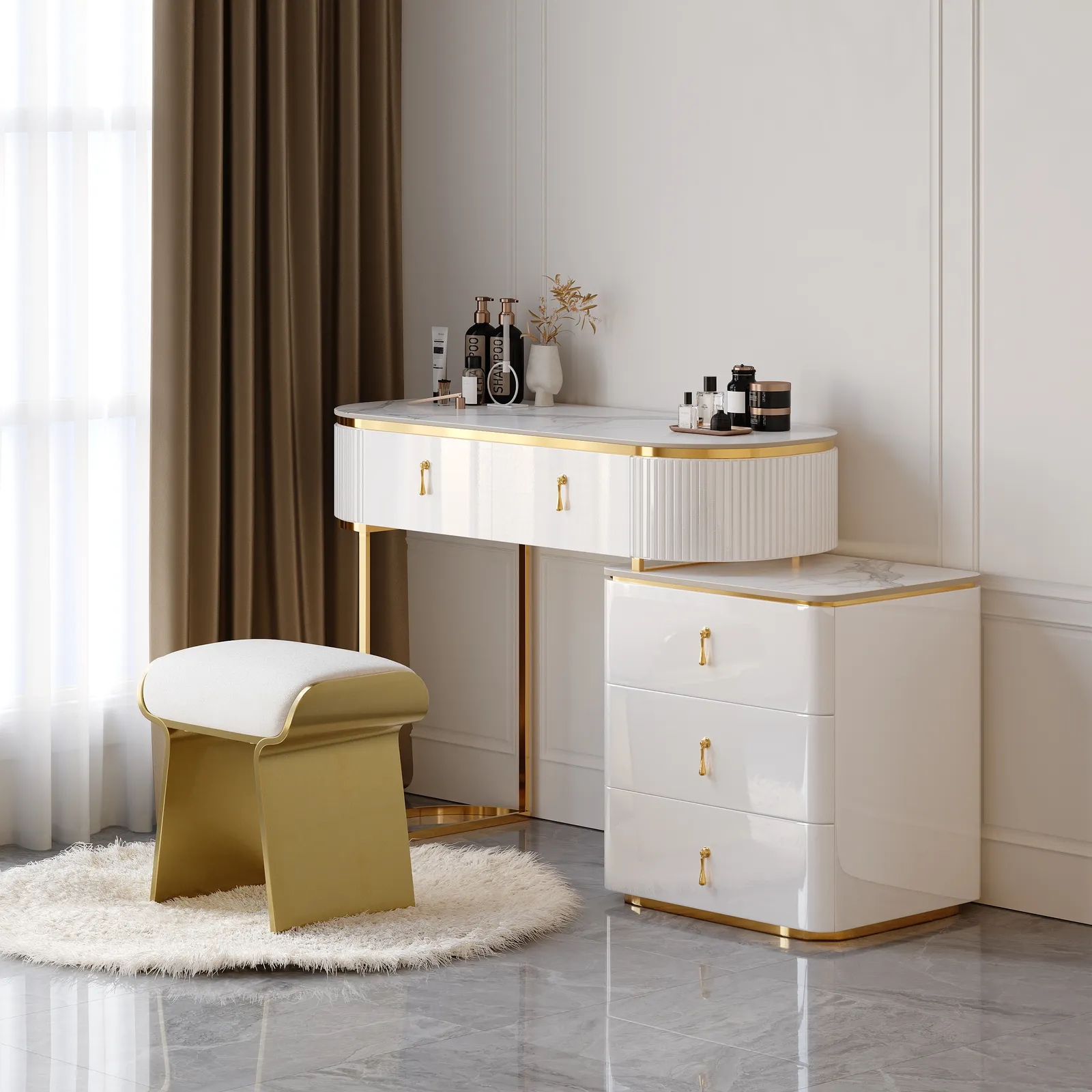 Extendable Pewter Modern White Nordic Dressing Table Sintered Stone Top 5-Drawer Dressing Table