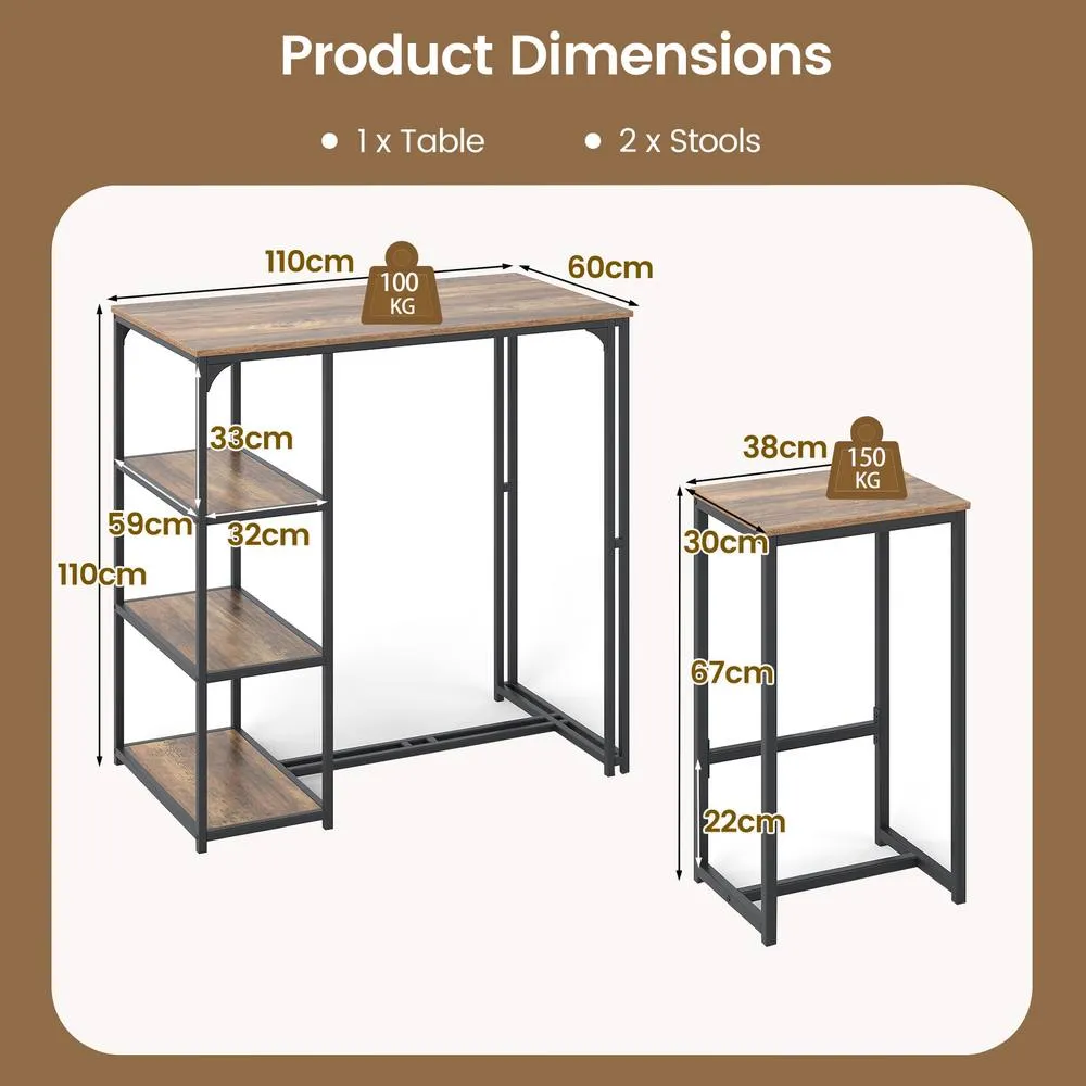 Costway 3-Piece Bar Table Set 2 Person Dining Furniture Set w/2 Stools in Brown 2