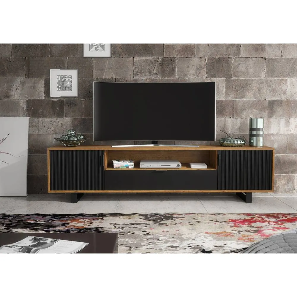 Creative Furniture Blackridge TV Unit 200cm - Dark Oak with Black Fluted Doors & Drawer in Dark Brown 4