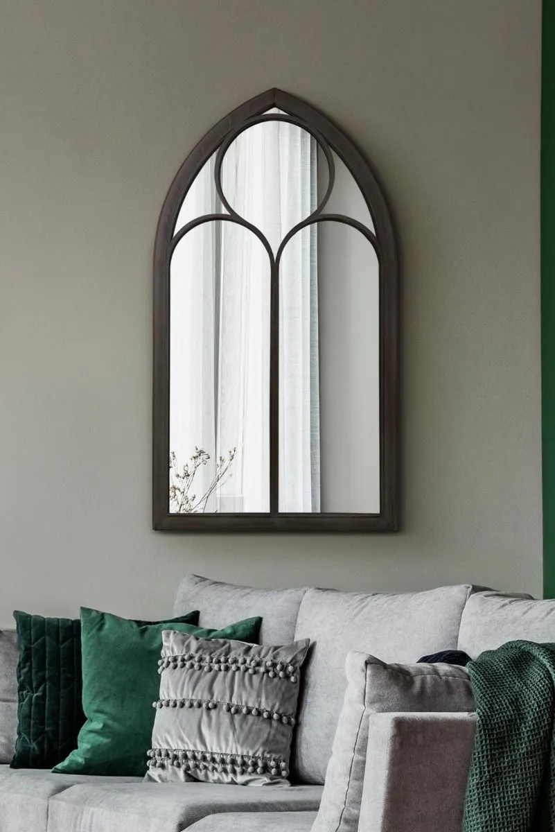 MirrorOutlet Rustic Black Metal Chapel Arched Wall Mirror 44" X 24" (111CM X 61CM)