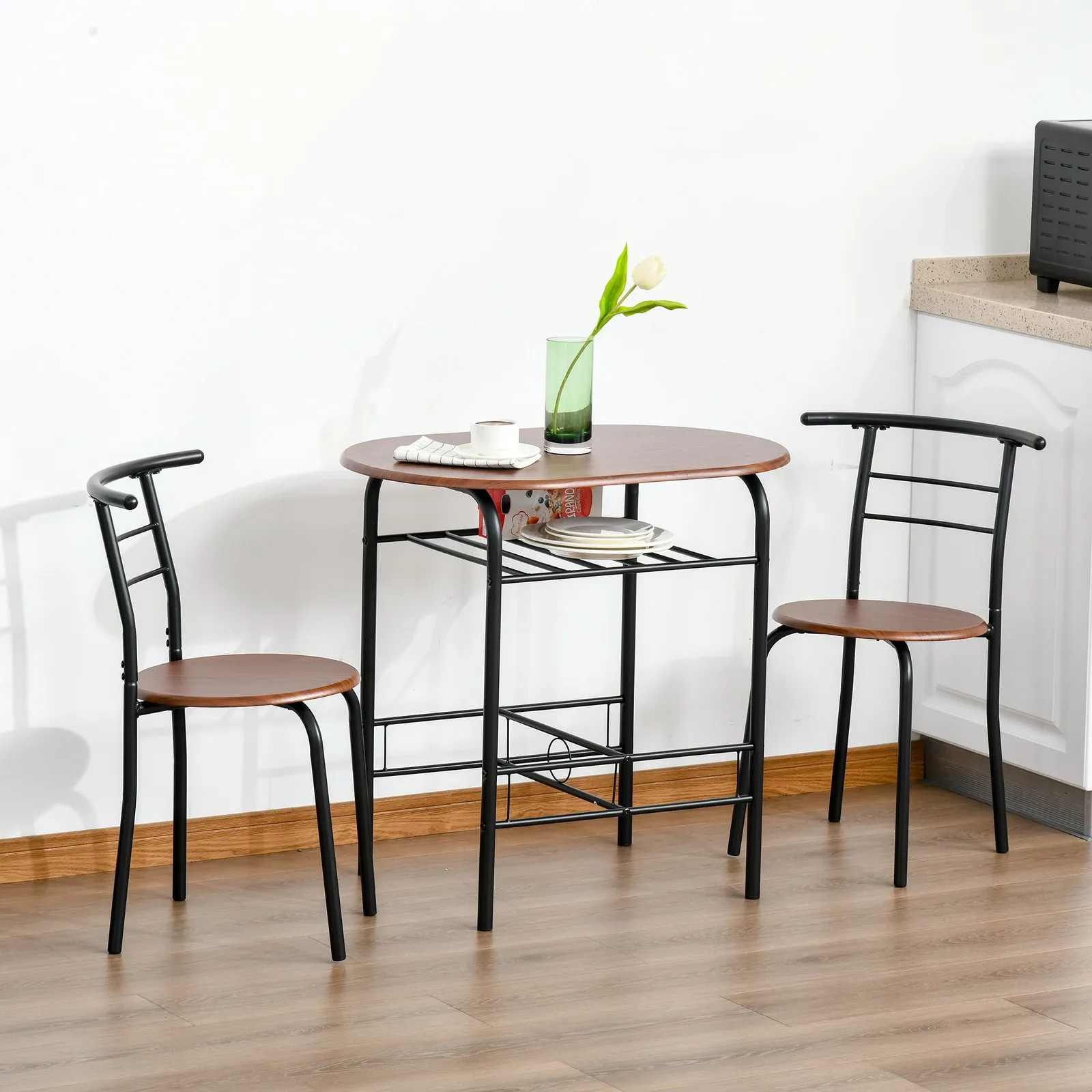HOMCOM 3 Piece Bar Table Set 2 Stools Industrial Style Dining Room Storage in Light Brown