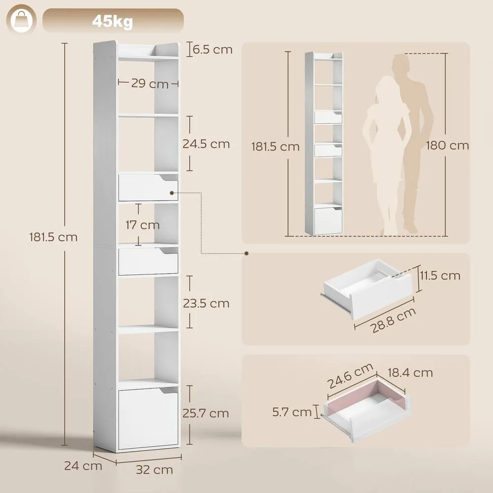 HOMCOM Bookcase Tall Narrow with 5 Tiers Drawers White Wood Effect 3