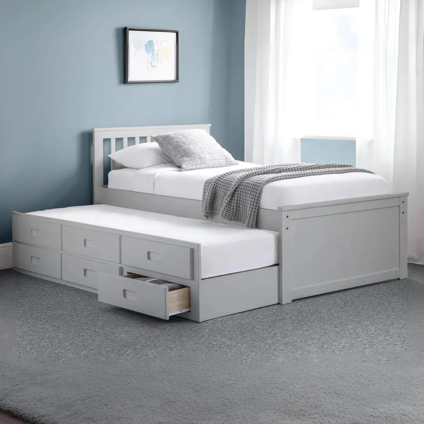 Maisie - Single - Kids Guest Bed - Storage and Underbed Trundle - Light Grey - Wooden - 3ft - Happy Beds