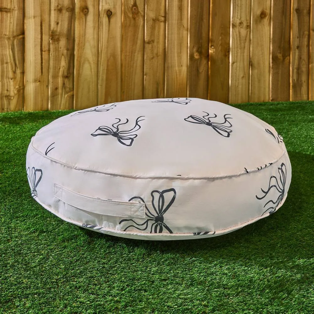 OHS Bows Print Round Outdoor Garden Cushion Water Resistant in Cream