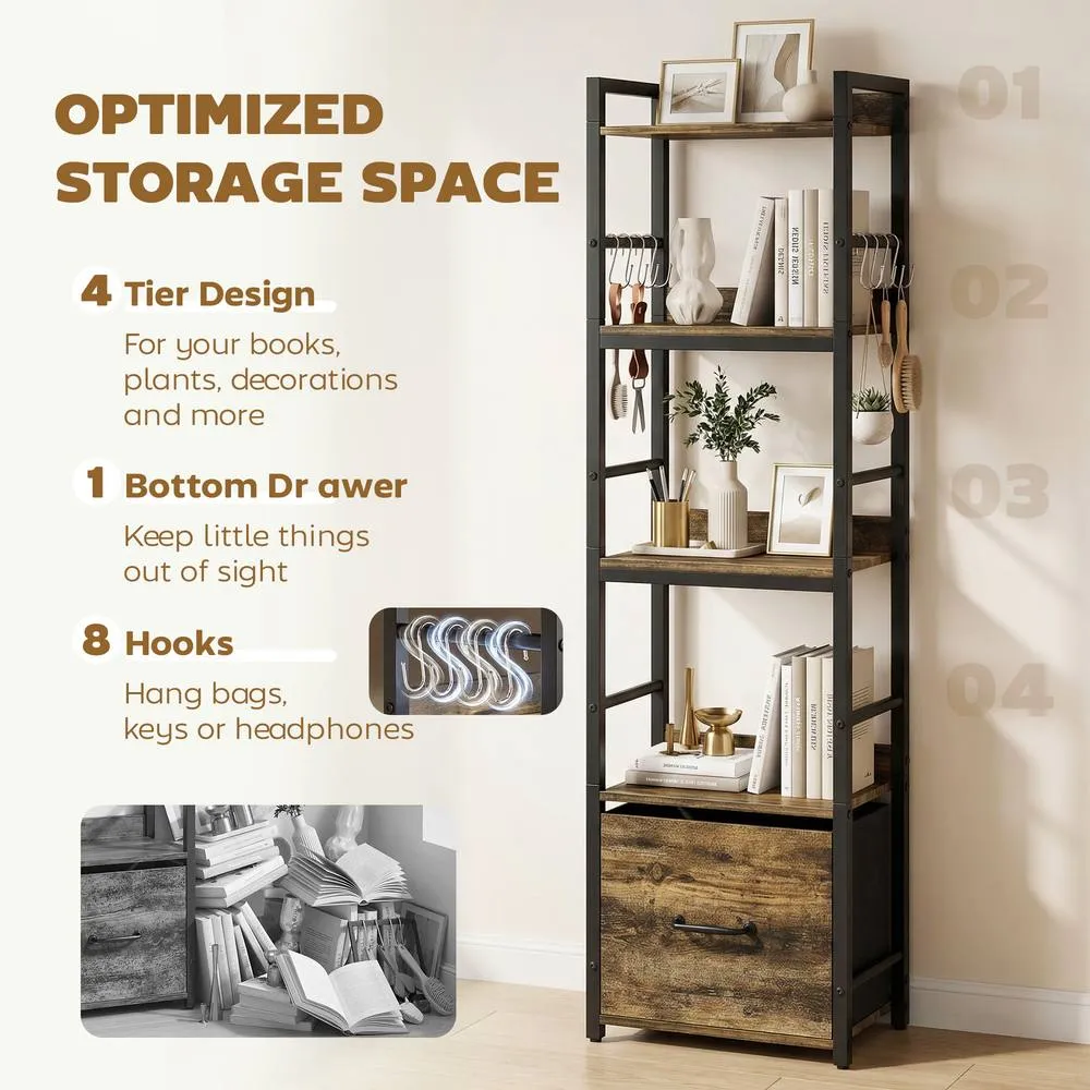 HOMCOM 4-Tier Bookshelf, Shelving Unit with Drawer, 8 Hooks in Brown 4