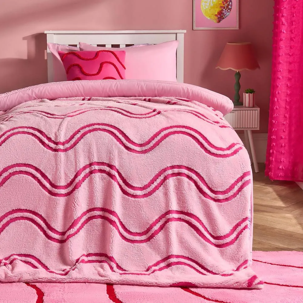 OHS Waves Tufted Teddy Fleece Throw Blanket Soft Bedspread in Pink
