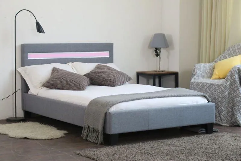 Comfy Living Ltd Modern Hopsack Fabric Upholstered Bedframe With LED Strip in Light Grey 1