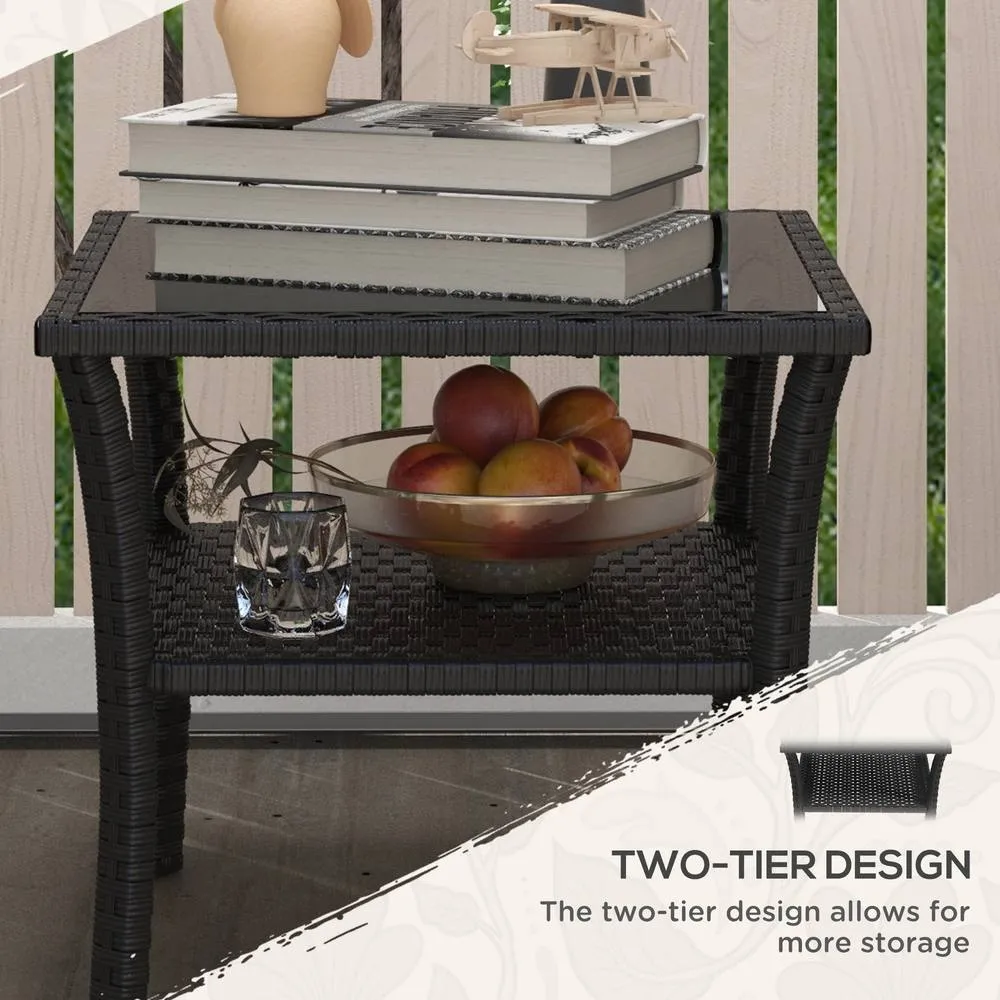 OUTSUNNY PE Rattan Coffee Table, Two-tier Side Table with Glass Top in Black 5