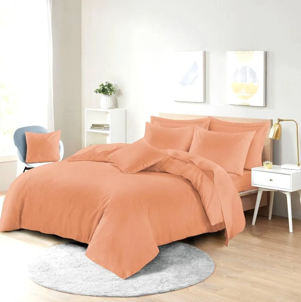 Homes-Linen Plain Dyed Polycotton Duvet Cover Set with Pillowcases in Peach