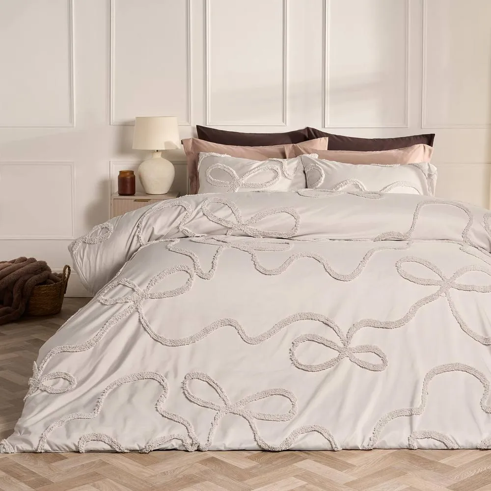 OHS Tufted Bow Bedding Set Duvet Cover with Pillowcase in Stone