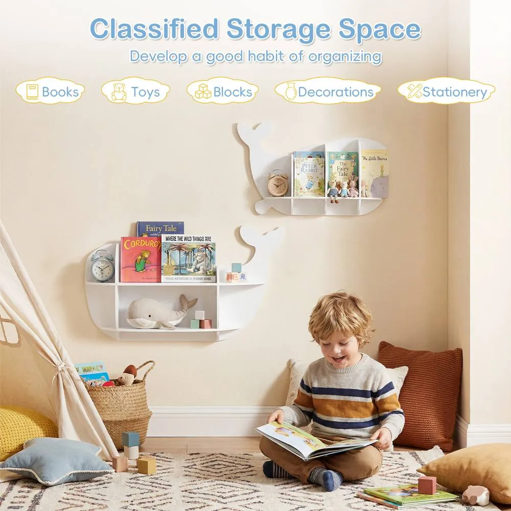 Costway 2PCS Whale Floating Shelves Wall Mounted Storage Display Rack in White 5