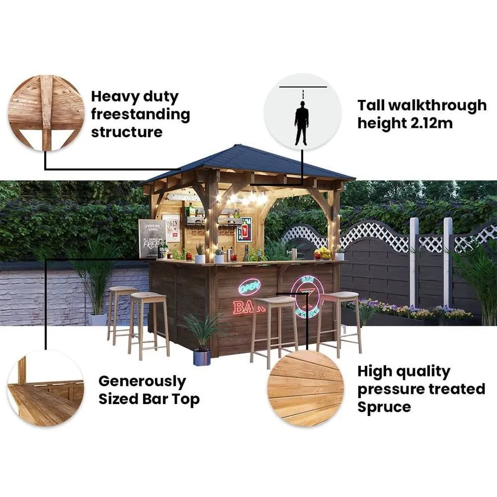 Dunster House Garden Bar 2.5x2.5m Wooden Outdoor Pub Shed with Black Roof Shingles, Leviathan in Brown 4