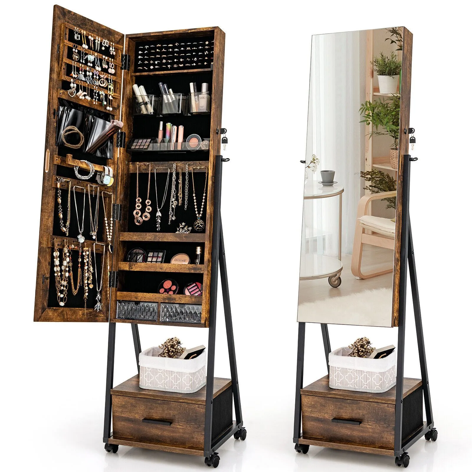 Costway Mobile Mirror Jewelry Cabinet Standing Makeup Organizer Jewelry Armoire w/ Lockable Door in Brown