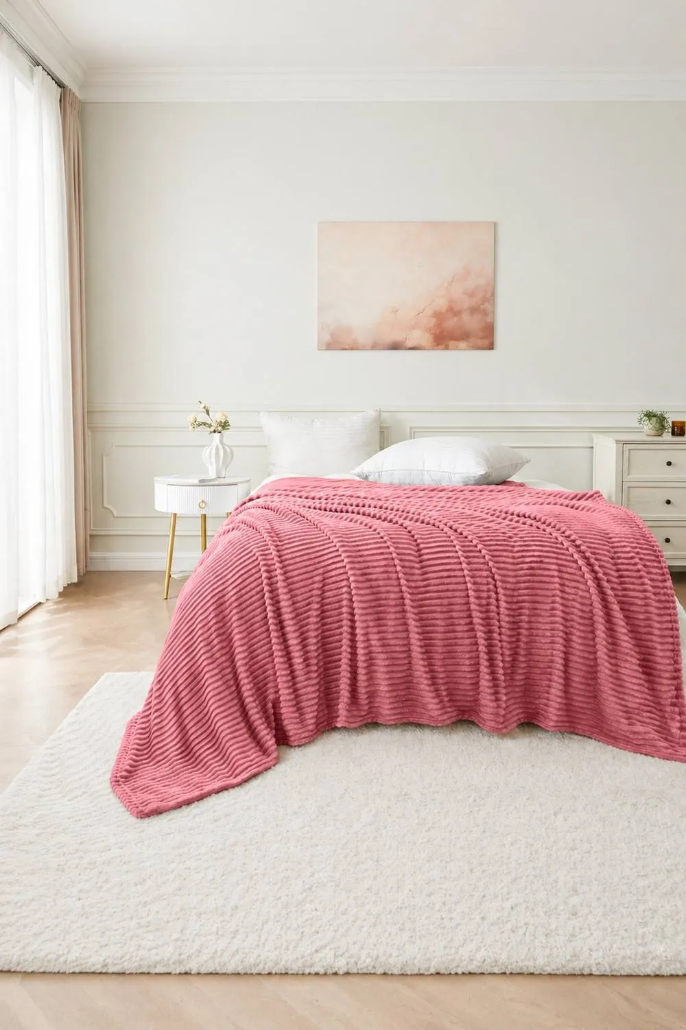 Dyzi Large Supersoft Ribbed Jacquard Fleece Throw Blanket 200 x 240cm in Pink