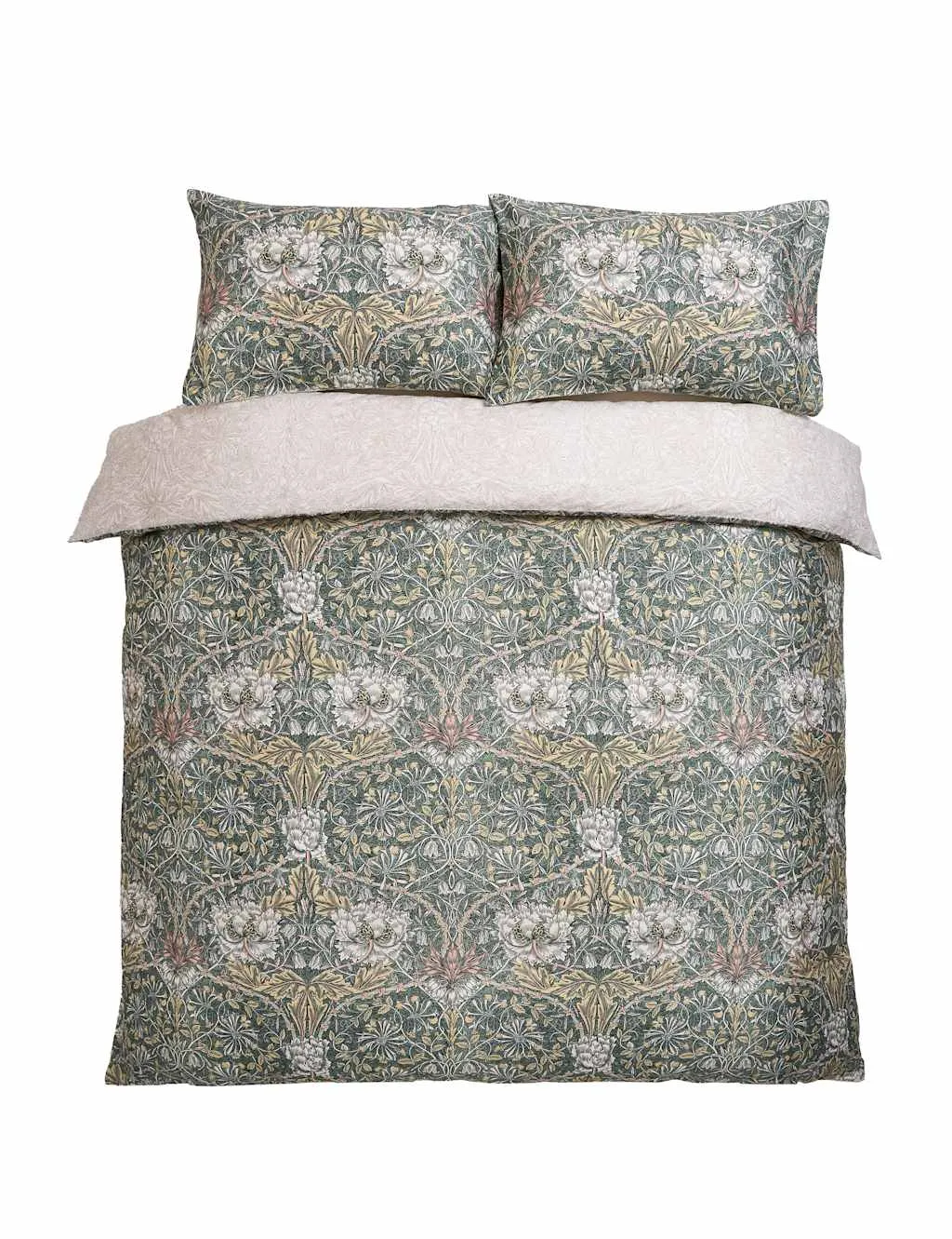 William Morris At Home Set of 2 Pure Cotton Honeysuckle & Tulip Pillowcases Green Mix