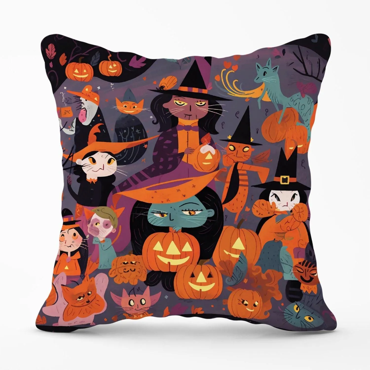 Warren Reed - Designer A Vibrant & Colorful Illustration Of Witches & Pumpkin Outdoor Cushion in Orange