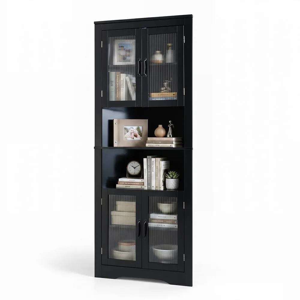 Costway 6-Tier Corner Storage Cabinet 170cm Tall Corner Hutch w/ 4 Glass Doors in Black