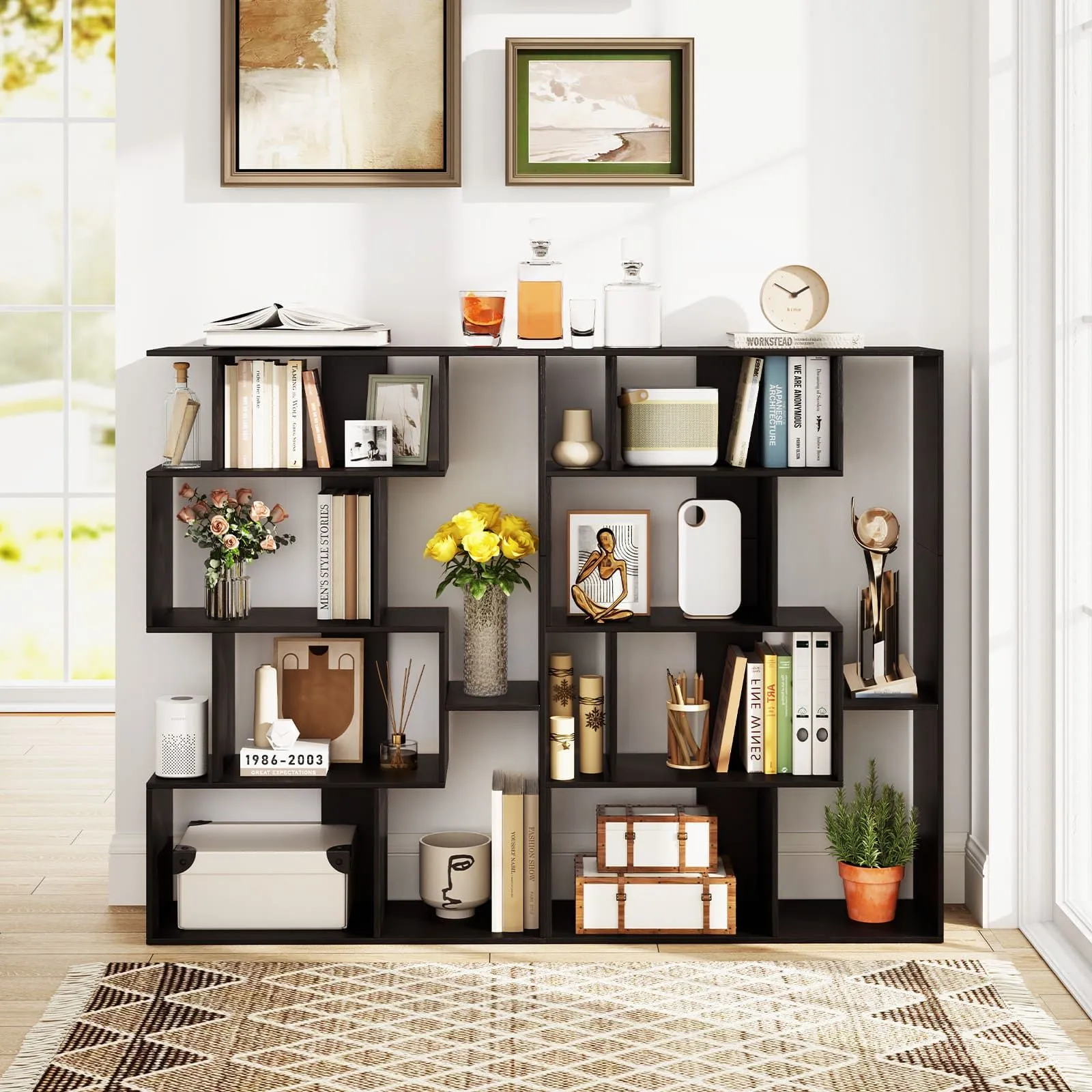 Costway Open-back Geometric Bookshelf Home 6-Cube Large Bookcase-Black in Black 2