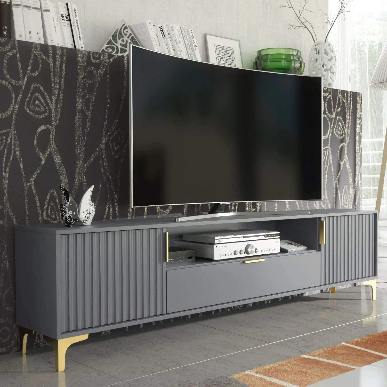 Creative Furniture Tide Crest TV Unit Gold 200cm - Modern Fluted Design in Grey or White in Dark Grey
