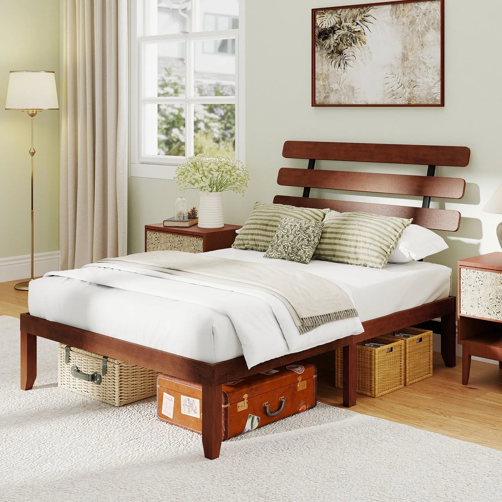 Costway Double Size Bed Frame Solid Wood Platform Bed w/ Headboard in Walnut 2