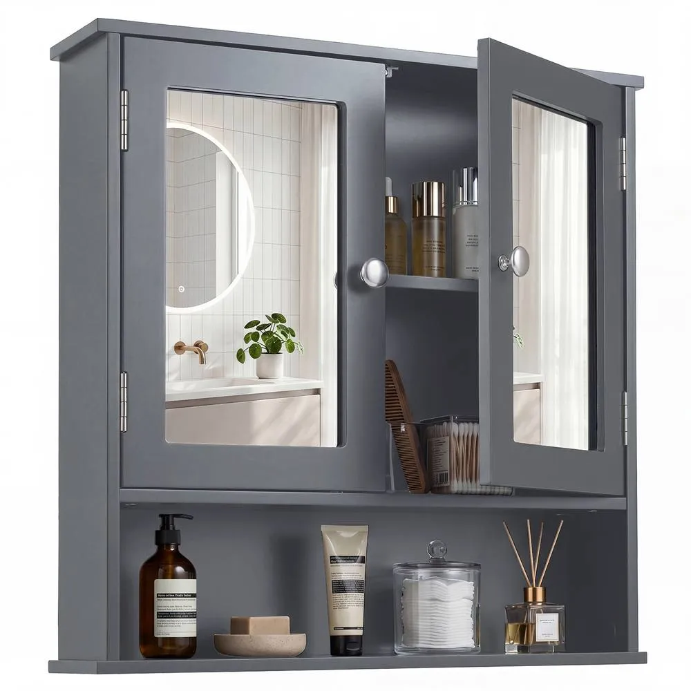 Costway Bathroom Wall Cabinet Medicine Cabinet Wall Mount with Mirror in Grey