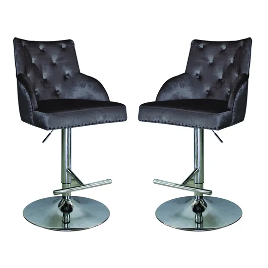 Kikki Charcoal Velvet Upholstered Gas Lift Bar Stools In Pair