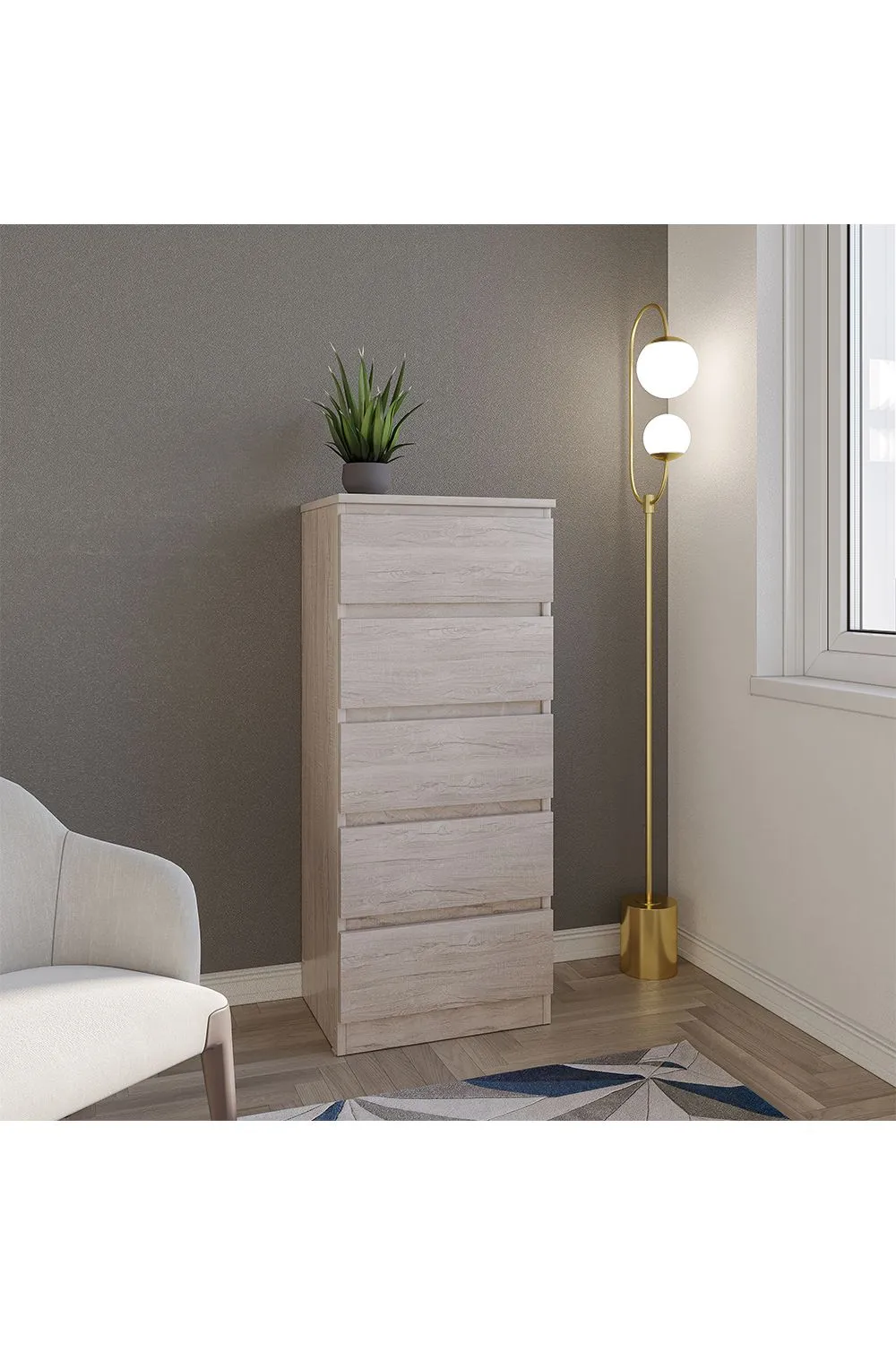 Seconique Malvern 5 Drawer Narrow Chest in Light Stone