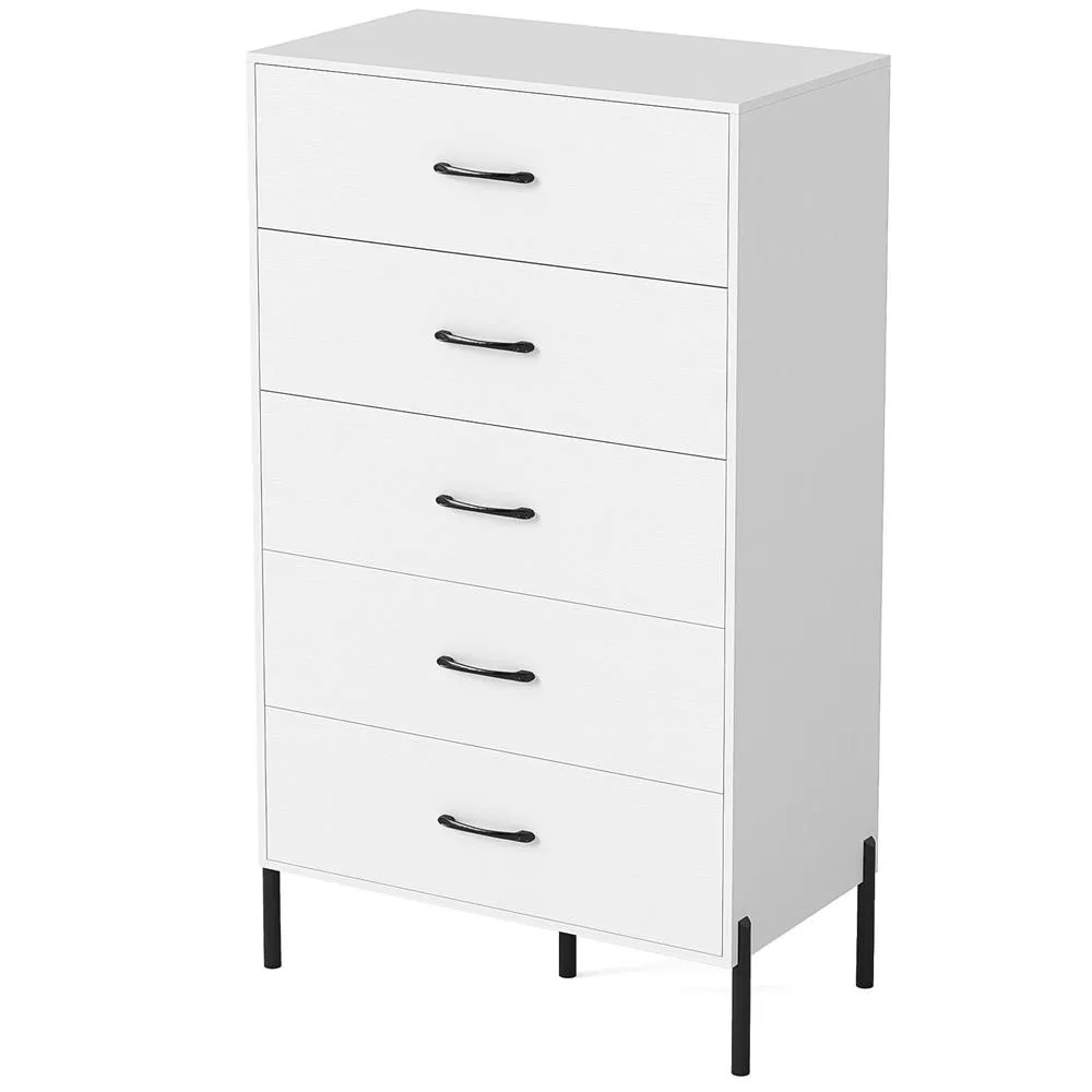 Costway 5-Drawer Dresser Modern Tall Chest of Drawers with Metal Legs-White in White 4