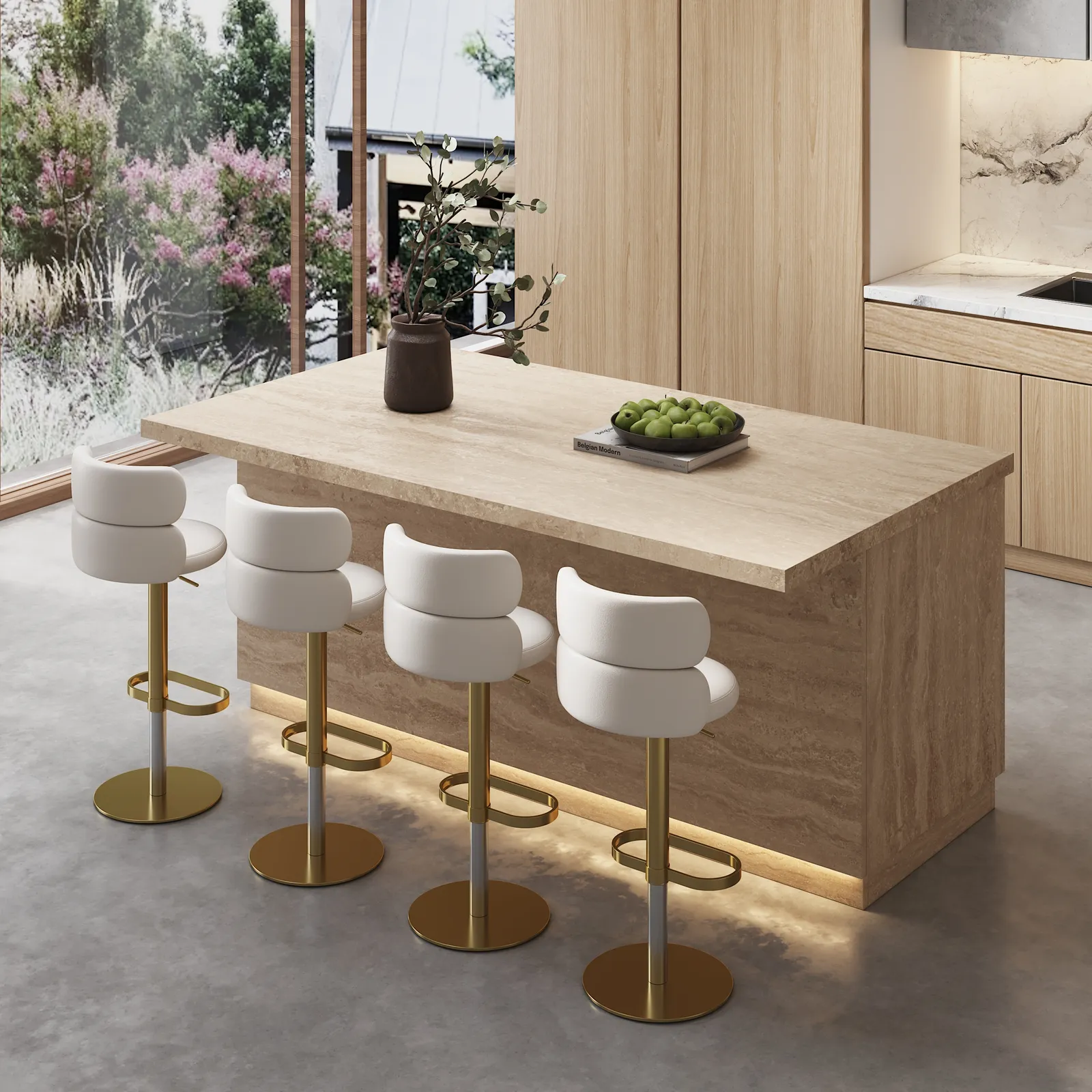 180 cm Japandi Kitchen lsland Matte Travertine Wooden Storage Kitchen Cabinet with Light