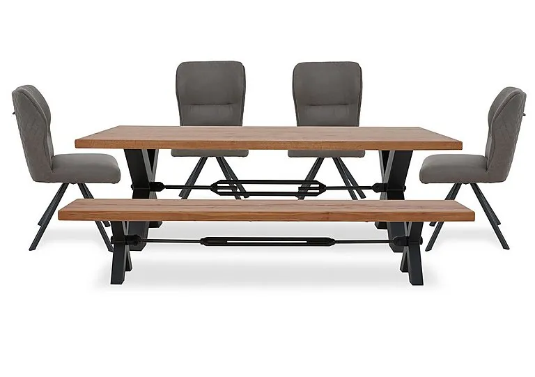Terra Straight Edge Dining Table with Tension Bolt X-Leg, Bench and 4 Steel Fabric Swivel Chairs - 220-cm - Storm Wood