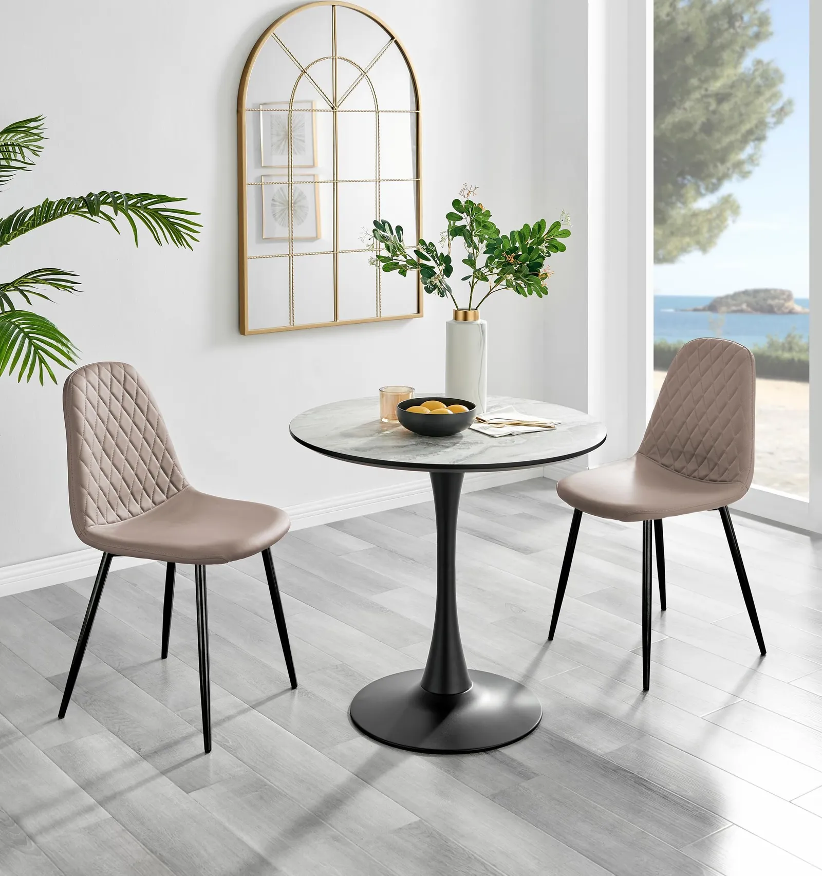 FurnitureboxUK Elina White Marble Effect Scratch Resistant Dining Table & 2 Corona Black Leg Chairs in Beige