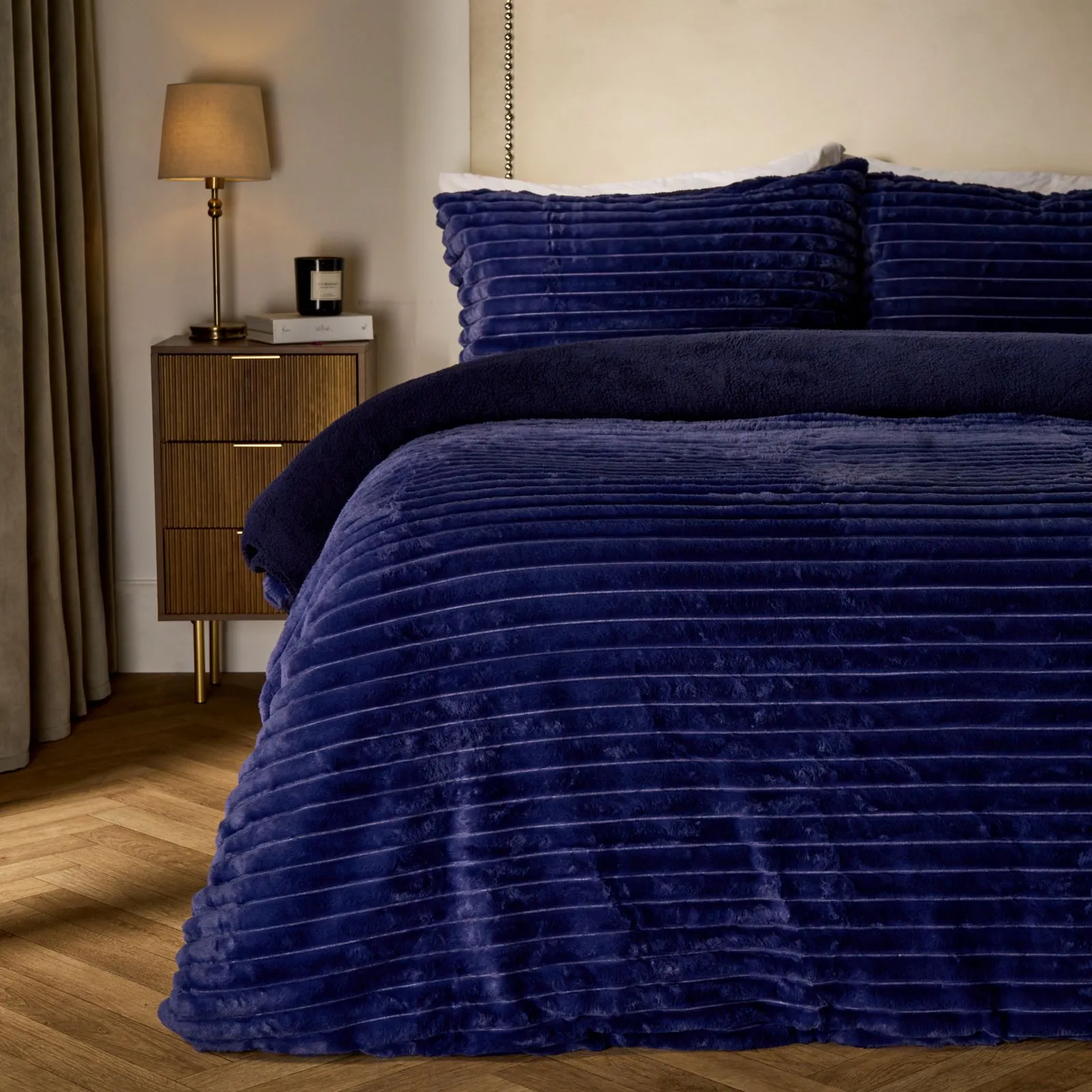 OHS Ribbed Duvet Cover Faux Fur Winter Warm Bedding Set in Navy