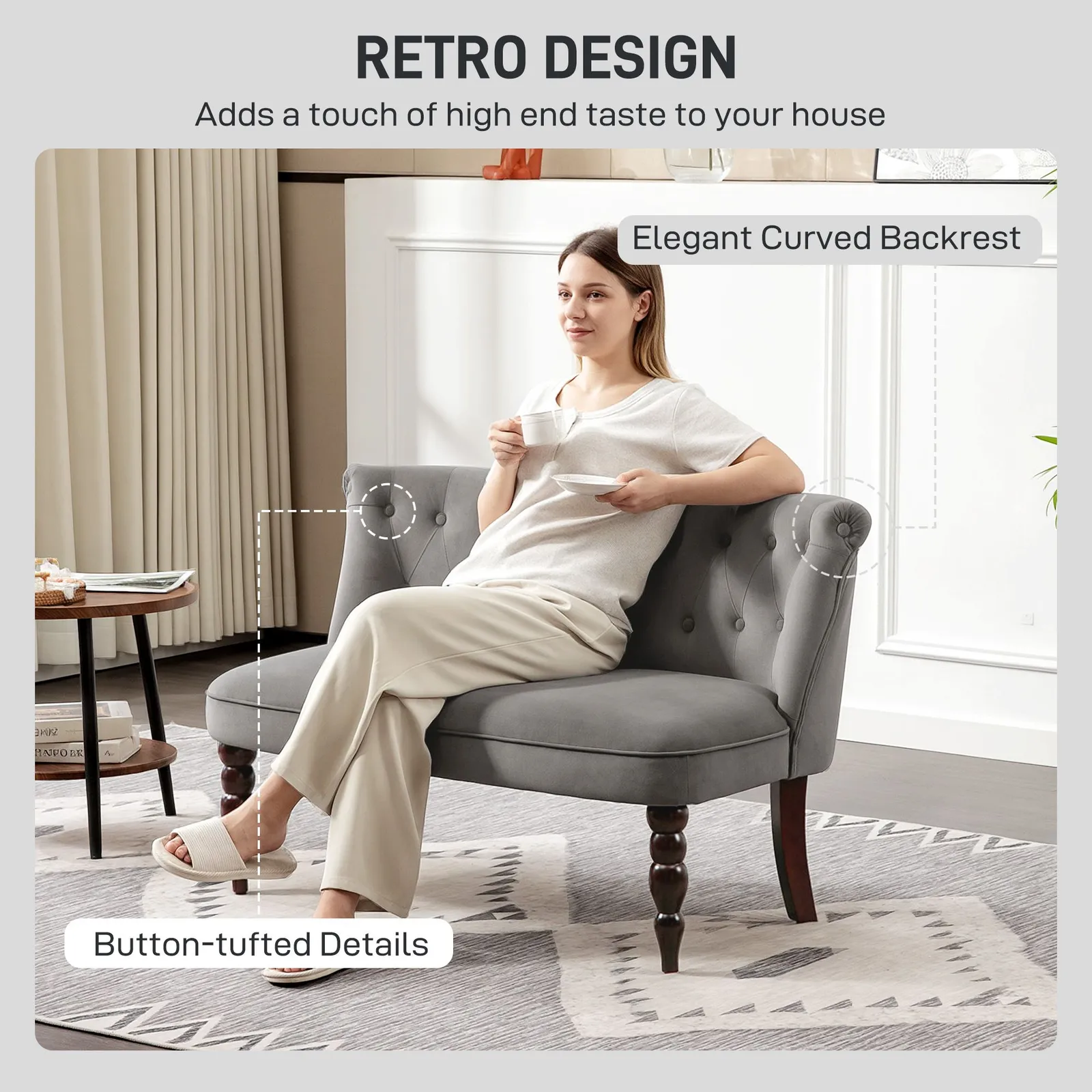 HOMCOM Velvet-Feel Two-Seat Lounger Sofa with Wood Frame, Charcoal Grey 4