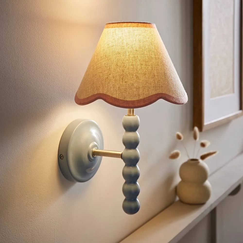 ValueLights Bobbins Powder Blue Wall Light with Linen Trim Lamp Shade & LED Bulb in Pale Pink 1