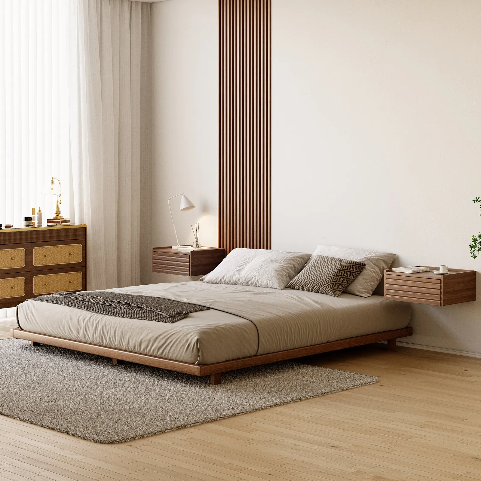Japanese Style King Low Bed Frame Solid Wooden Floor Bed in Walnut