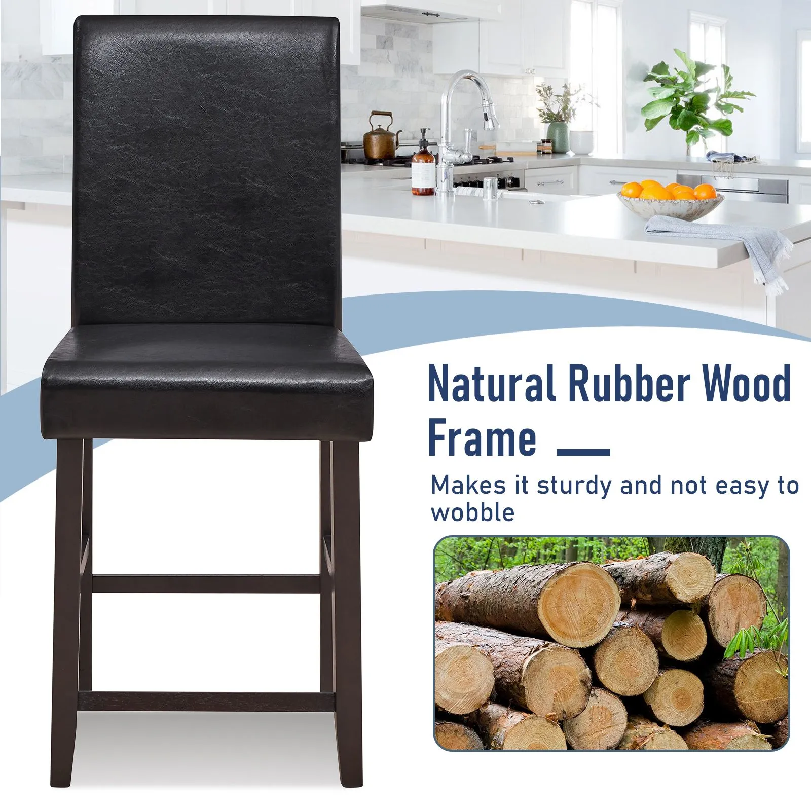 Costway 61cm Bar Stool Set of 2 PU Upholstered Counter Bar Chairs with Solid Rubber Wood Legs & Ergonomic Back in Black 5