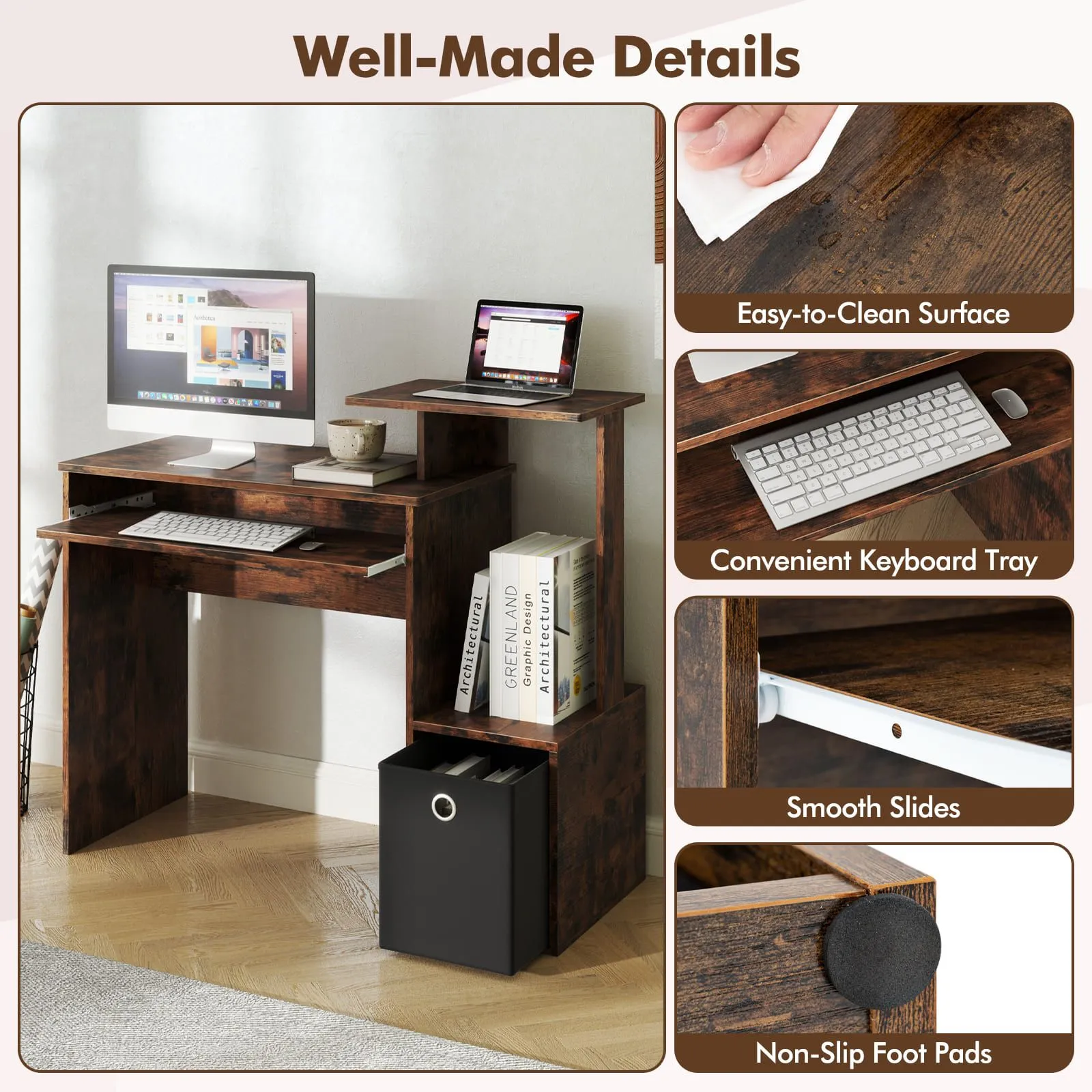 Costway Space-saving Computer Desk with Open Shelf & Fabric Storage Drawer in Brown 4