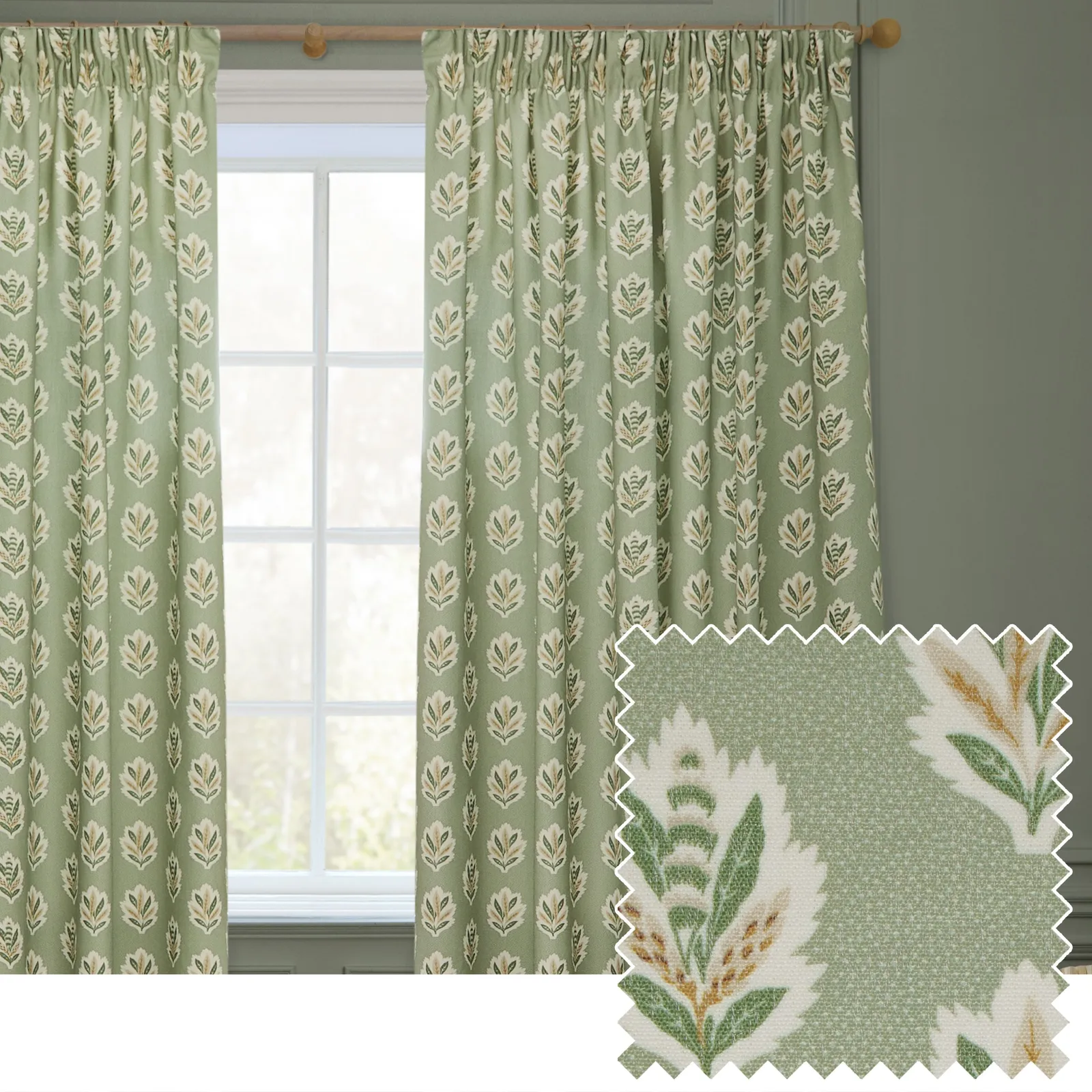 Sanderson Sessile Leaf Printed Room Darkening Pencil Pleat Curtains in Light Green