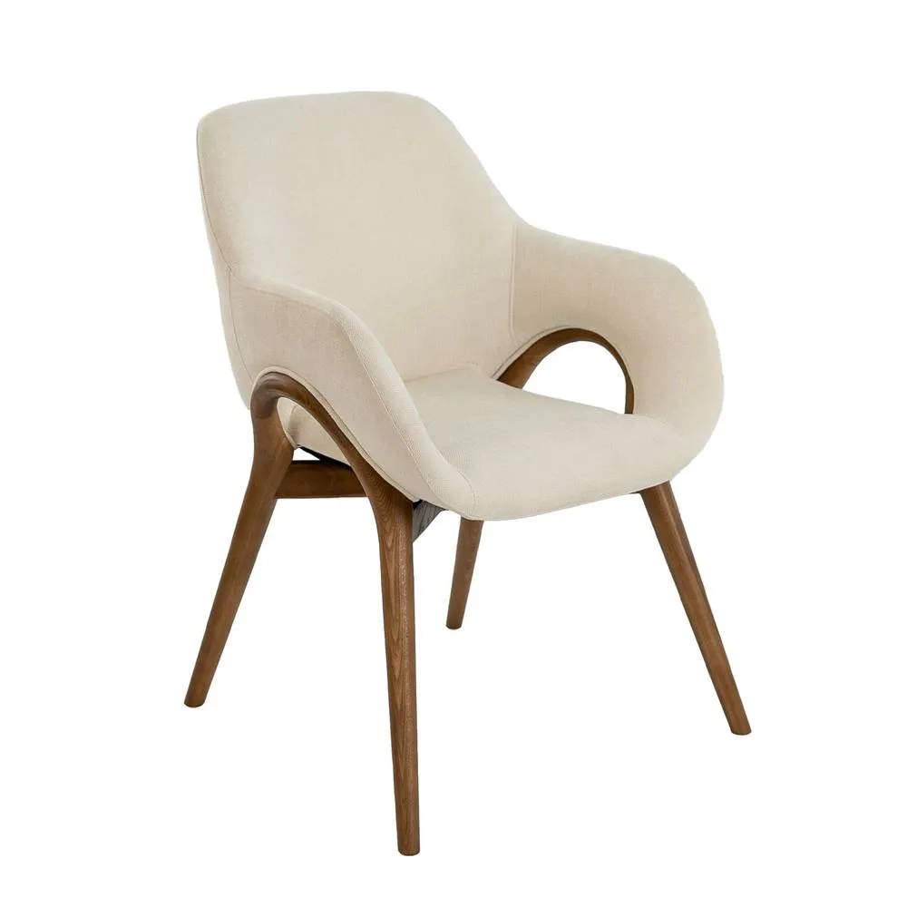 Angel Cerda Beige Fabric Dining Chair with Armrests & Walnut