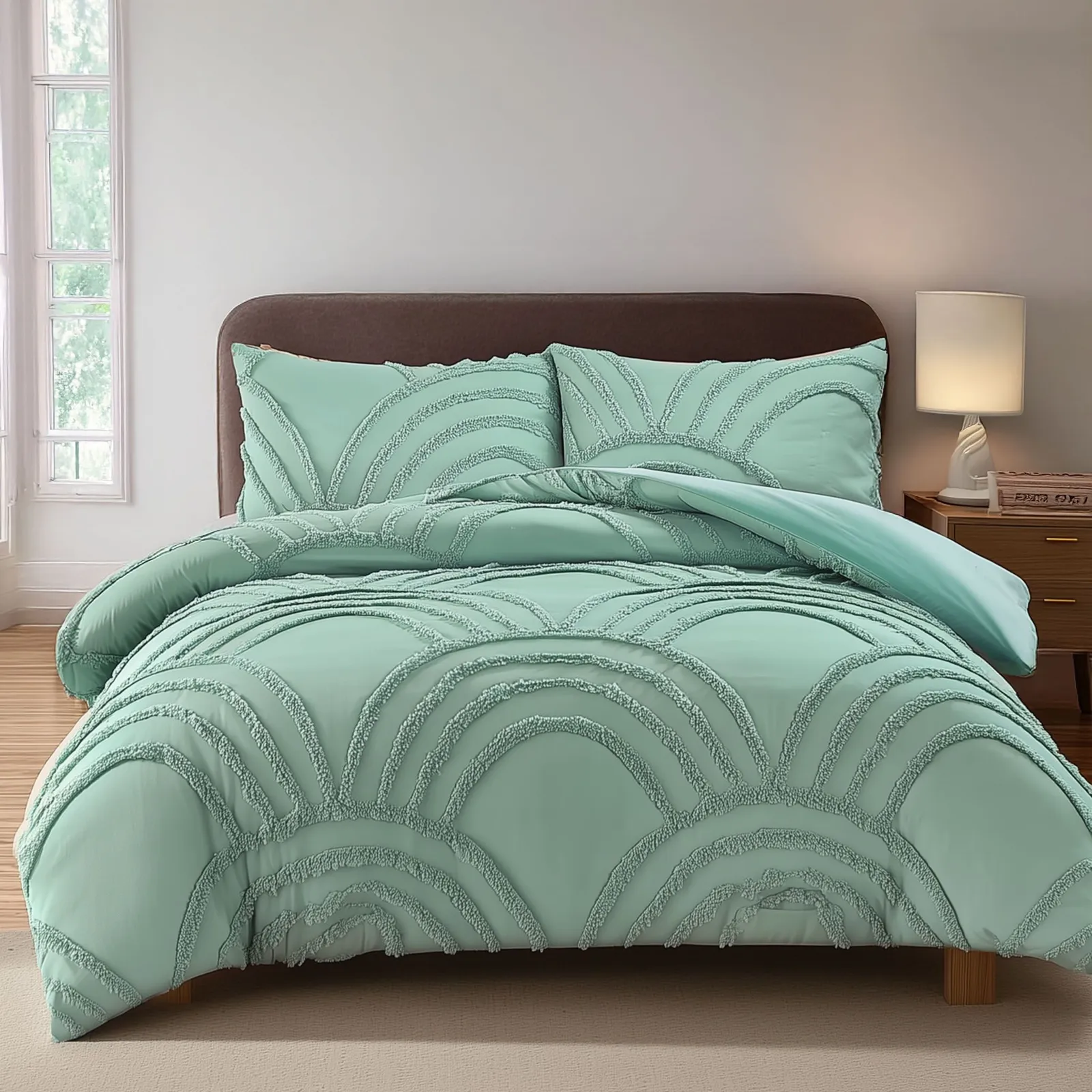 Snug City Duvet Cover & Pillowcase Set Tufted Modern Luxury Design Bed Linen in Green