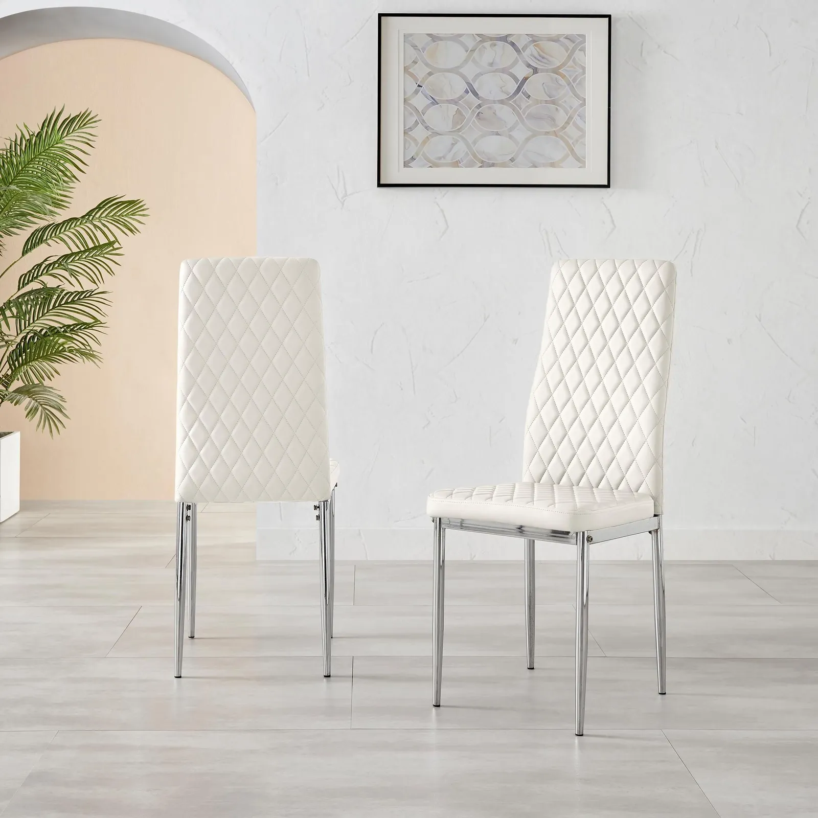 FurnitureboxUK Set of 6 Milan High Back Soft Touch Diamond Pattern Faux Leather Dining Chairs With Silver Chrome Metal Legs in White 3