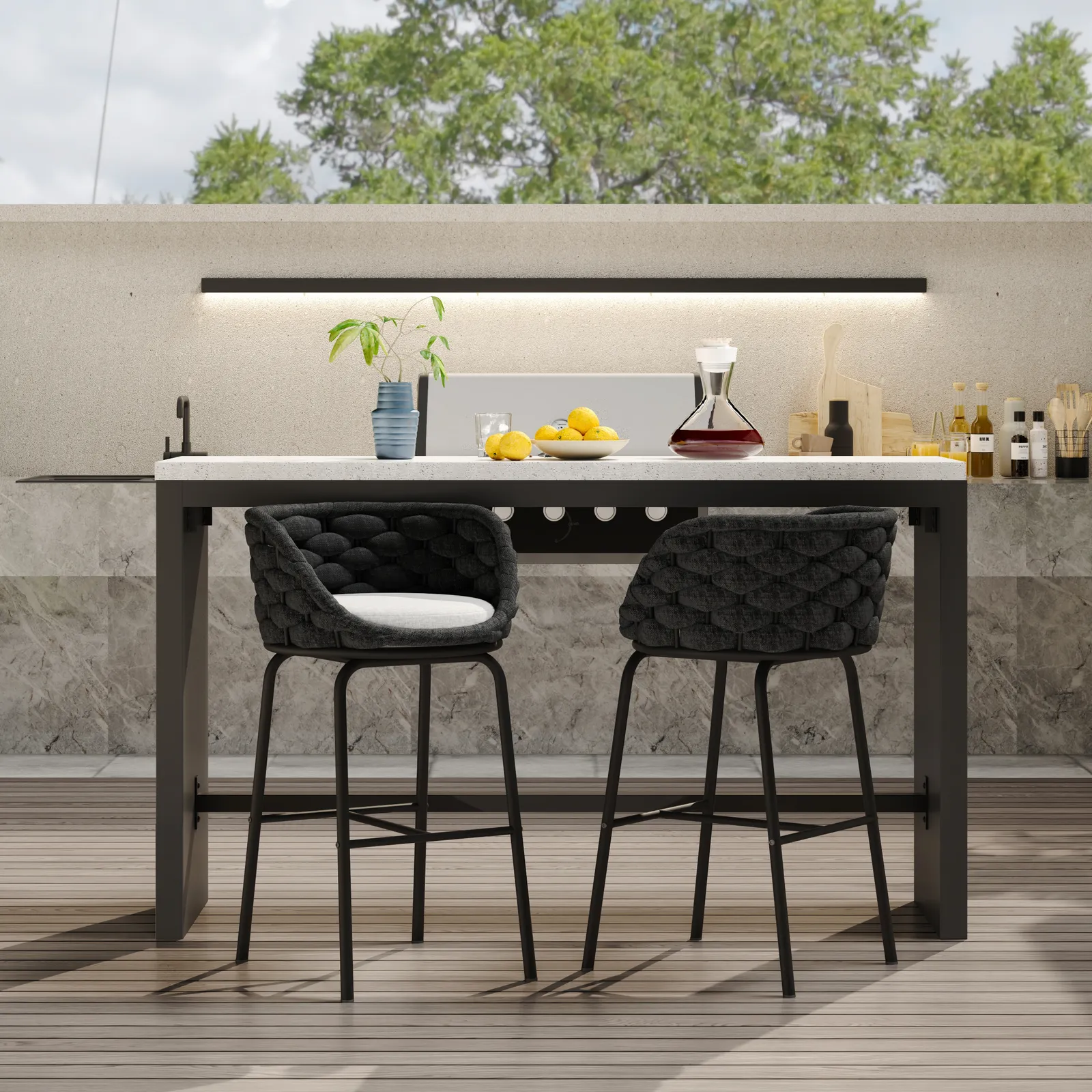 2 PCS Woven Rope Patio Bar Stool Modern Yard & Patio Chairs in Dark Grey (Set of 2)