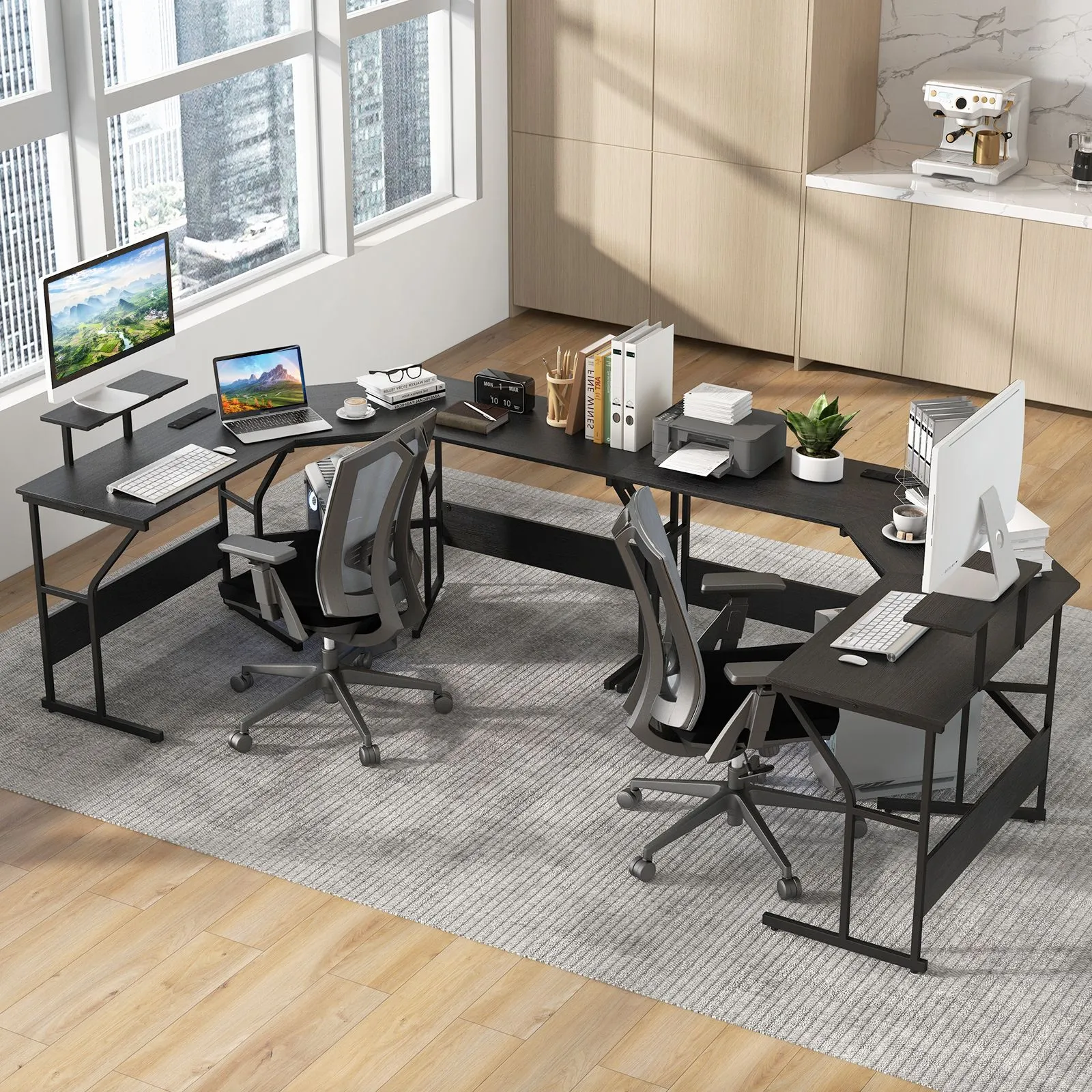 Costway L shaped Desk Long 2 Person Corner Computer Desk with Monitor Stand in Black 5