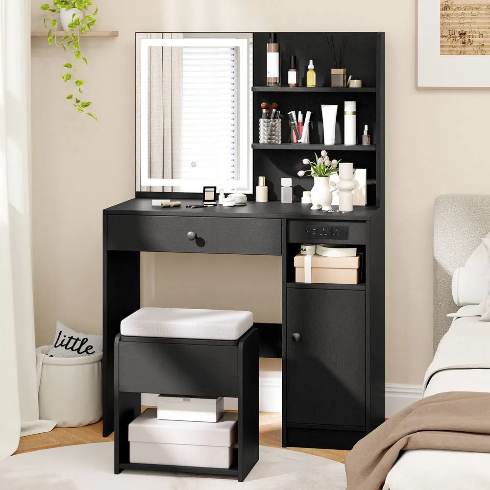 Costway Wooden Vanity Desk w/ Stool Makeup Dressing Table w/Mirror & Lights in Black