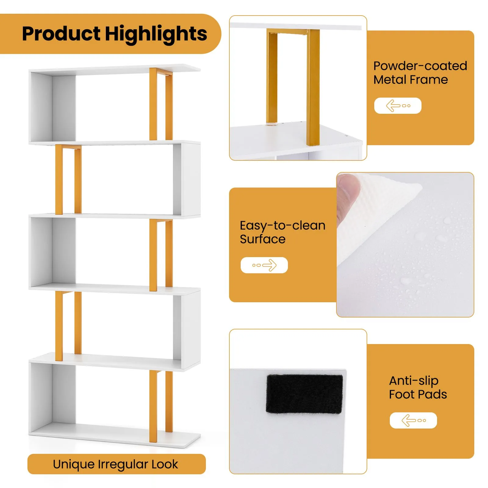 Costway 5-Tier Geometric Bookcase 157CM S-Shaped Bookshelf in White 3